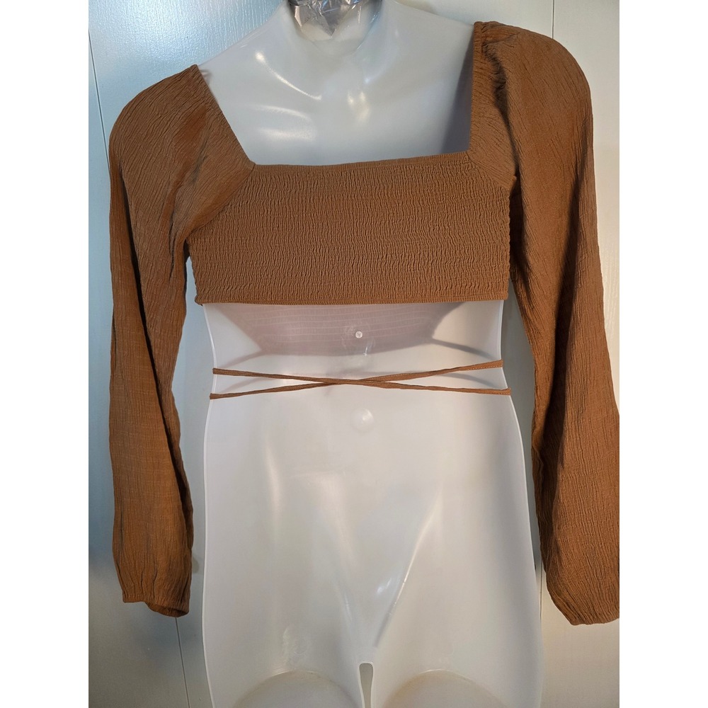 12th Tribe Brown Smocked Wrap Tie Crop Top Long Sleeve Small boho festival Indie - Picture 3 of 6